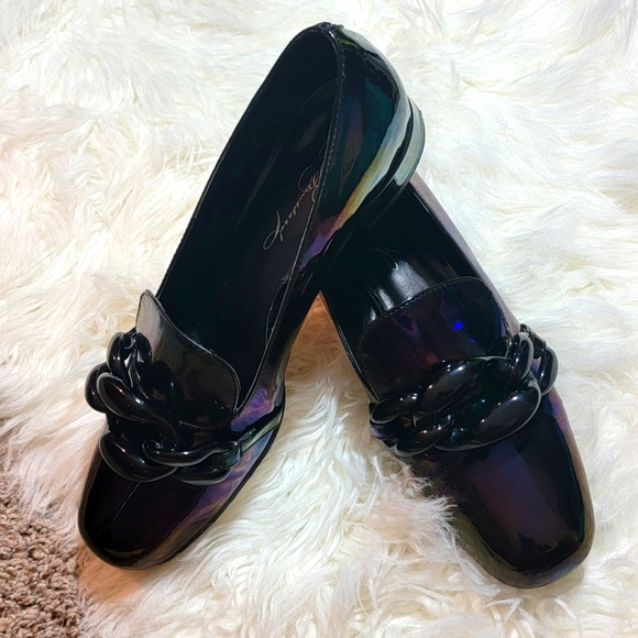 Diana Broussard Patent Leather Oil Slick Black Oversized Chain Loafer Fl… - Picture 1 of 7